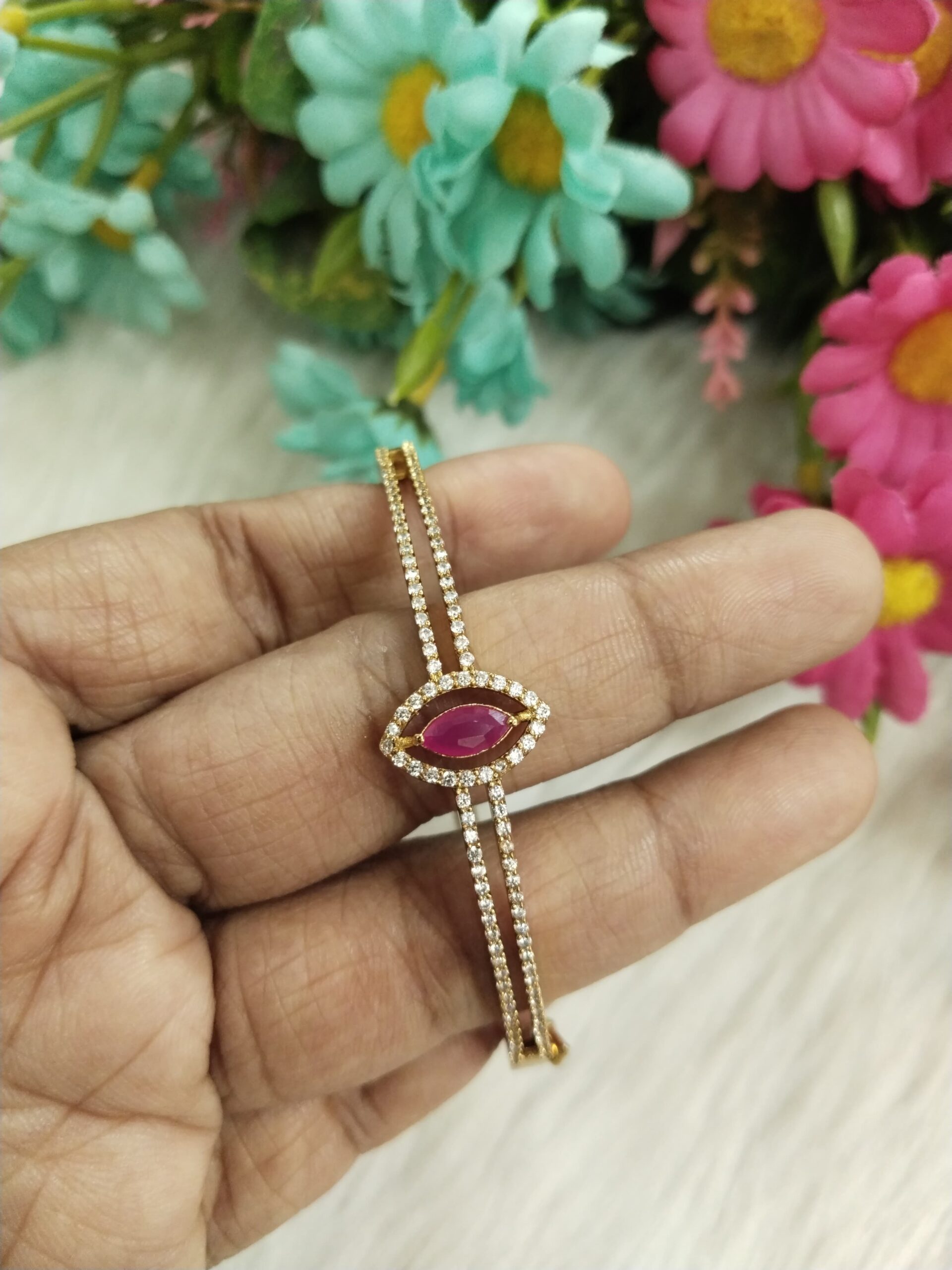 Gold-Plated Pink Marquise CZ Stone Bangle for Women