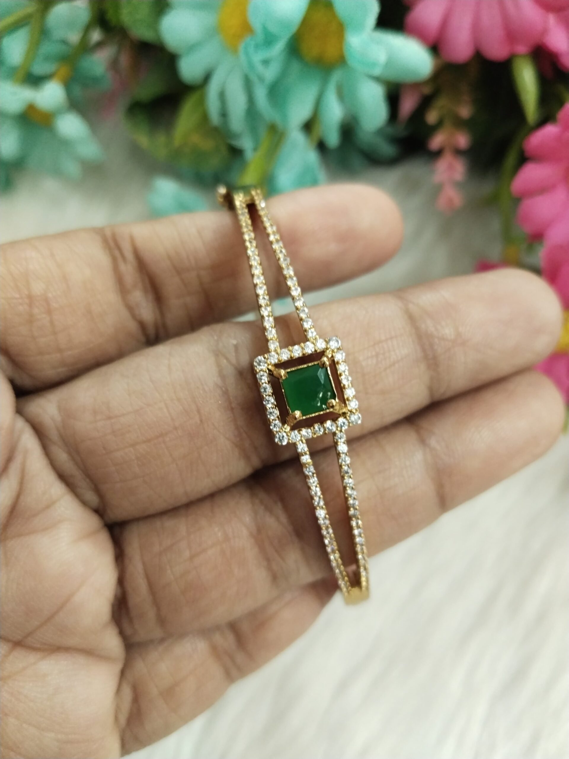 Gold-Plated Green Square CZ Stone Bangle