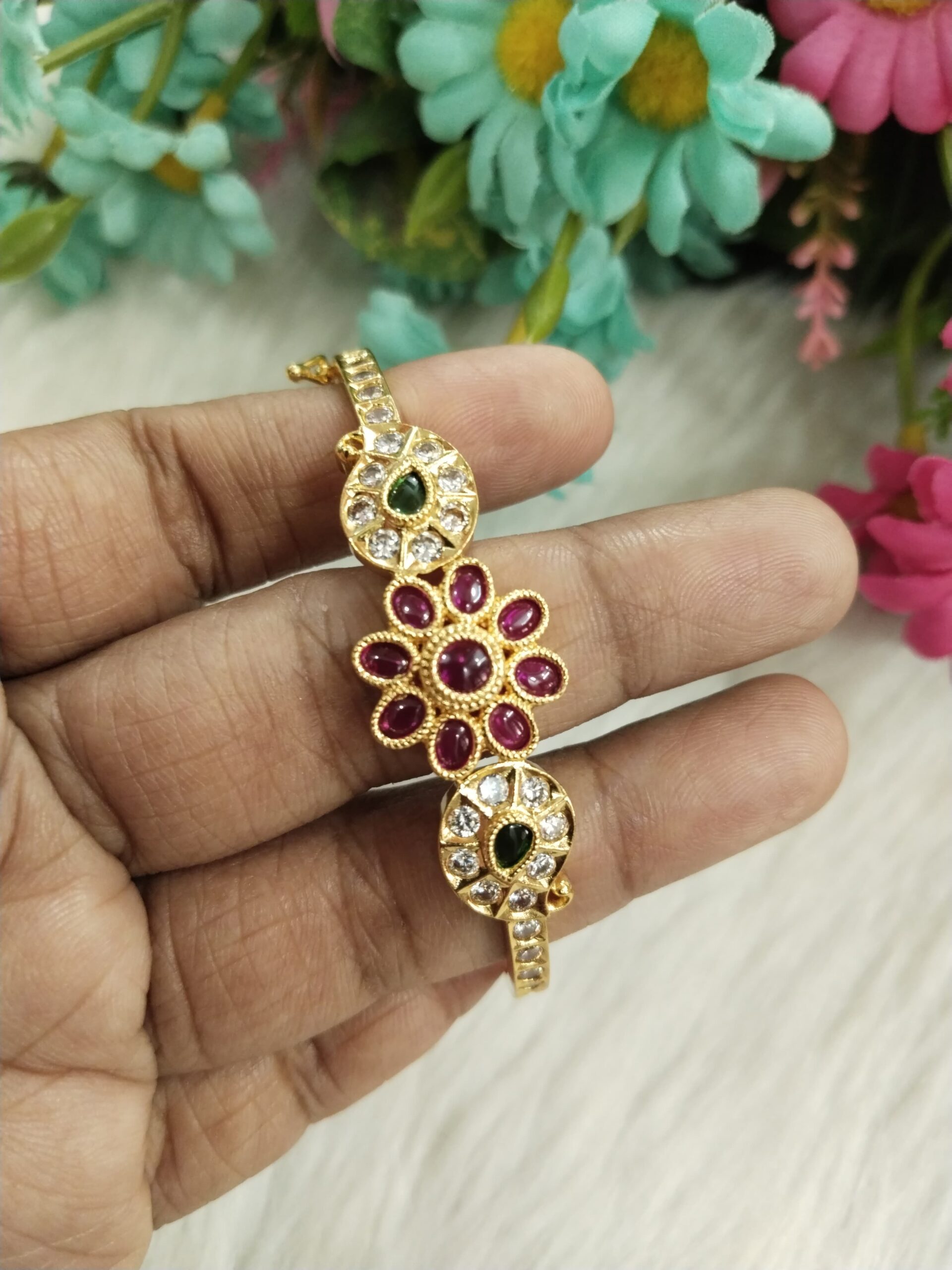Gold-Plated Floral CZ and Ruby Stone Kada