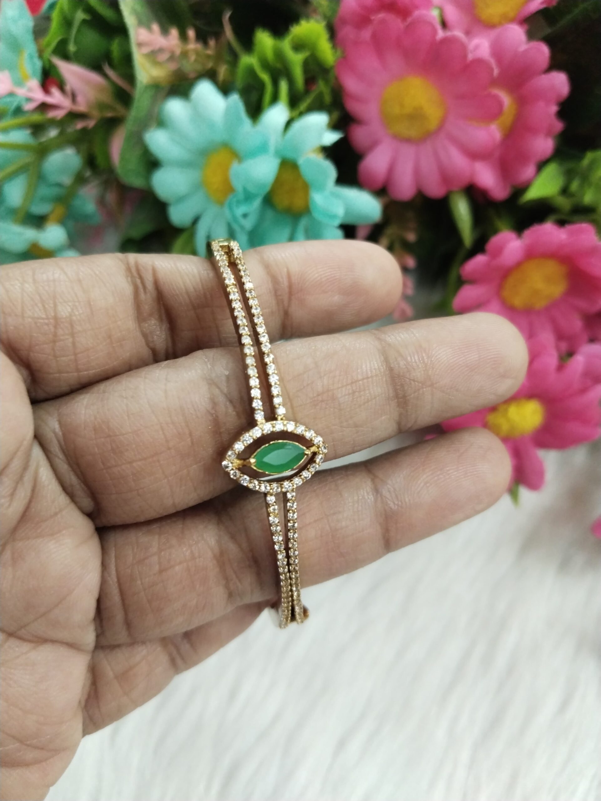 Elegant Evil Eye-Inspired Gold-Plated Bracelet with Green Stone Center