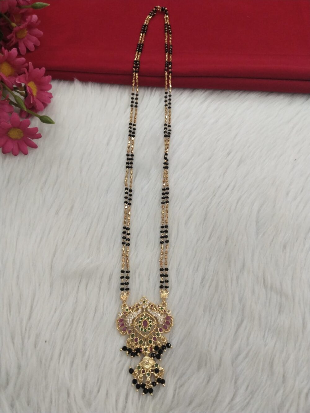 Gold-Plated Mangalsutra with Multicolor Antique Pendant & Black Bead Double Chain