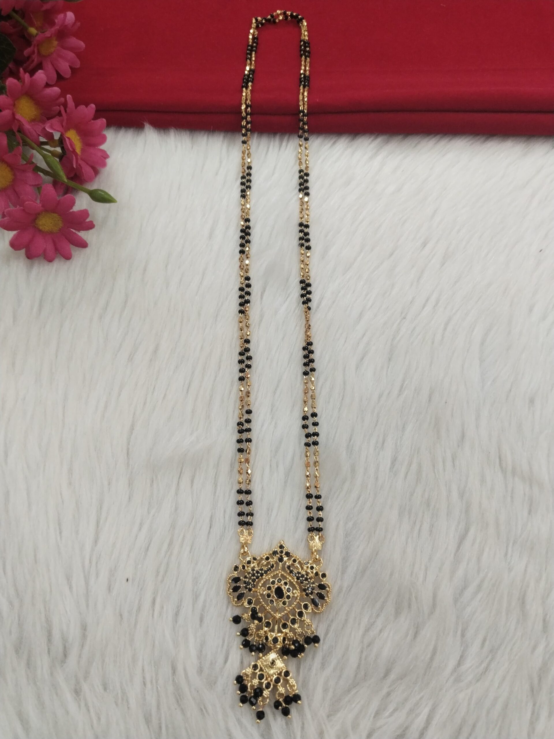 Traditional Gold-Plated Mangalsutra with Dual-Layer Black Beads & Intricate Pendant Design