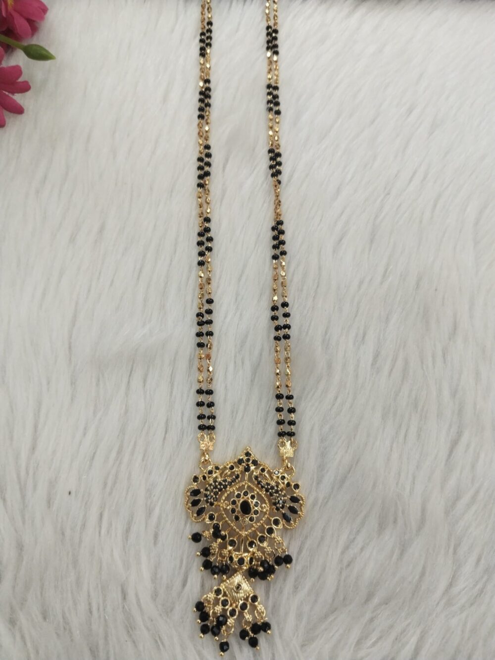 Traditional Gold-Plated Mangalsutra with Dual-Layer Black Beads & Intricate Pendant Design - Image 2