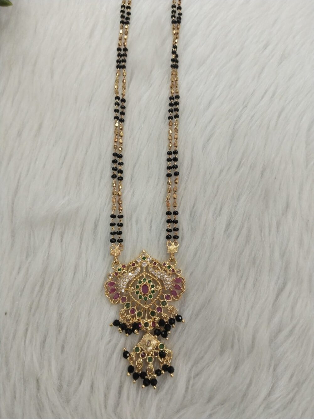 Gold-Plated Mangalsutra with Multicolor Antique Pendant & Black Bead Double Chain - Image 2