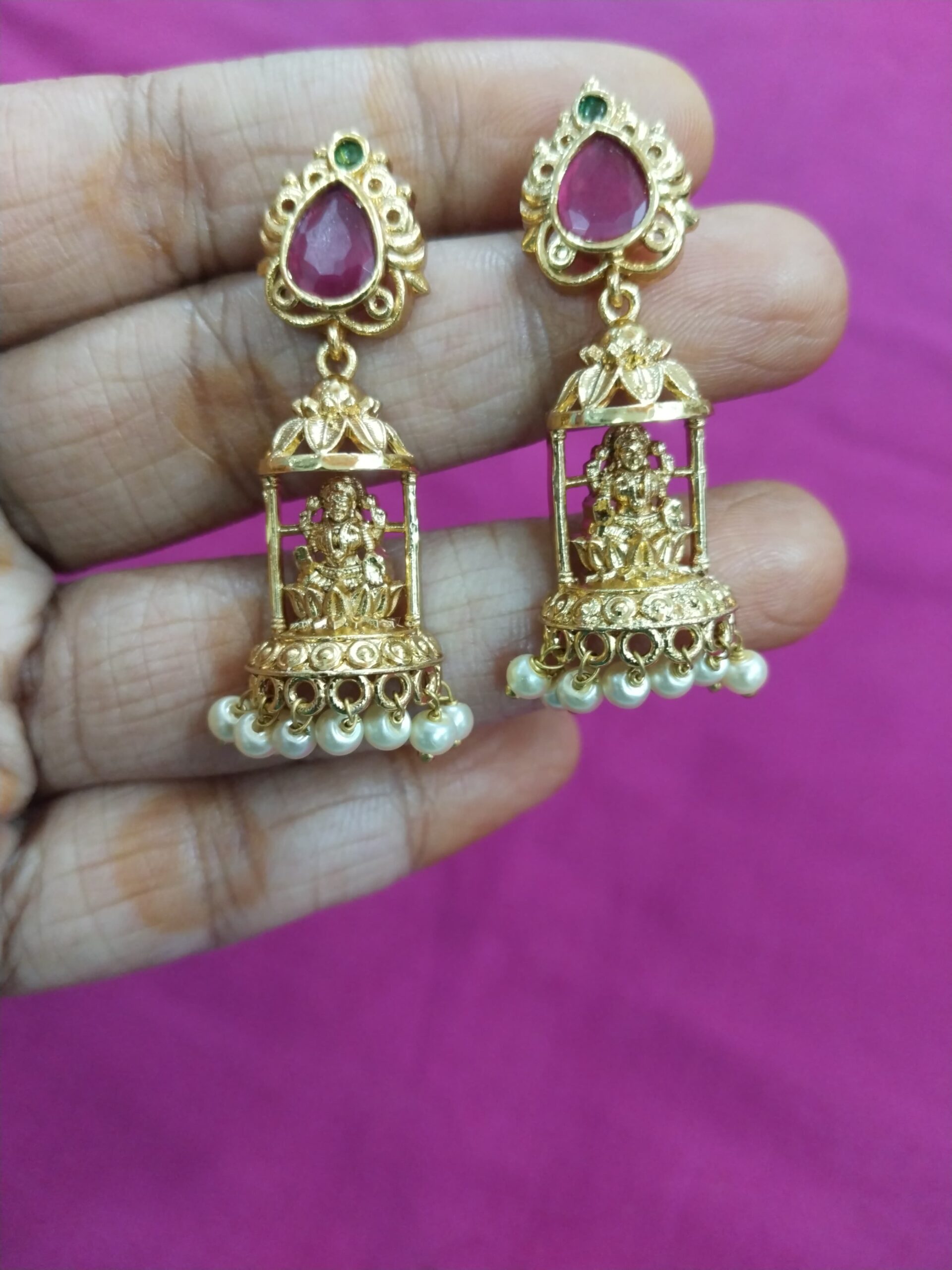 Goddess Lakshmi Temple Jhumka Earrings | Gold Plated with Pearl Drops