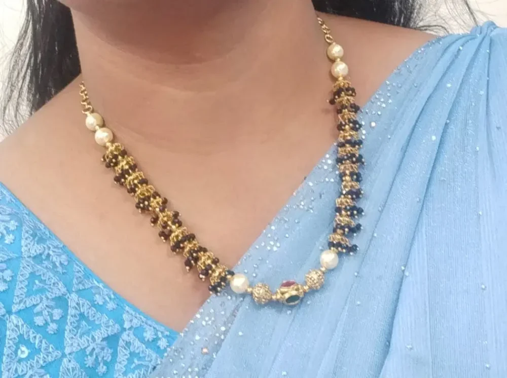 Traditional Black Bead Mangalsutra with Gold Finish and Pearl Accents – Indian Bridal Jewelry - Image 3