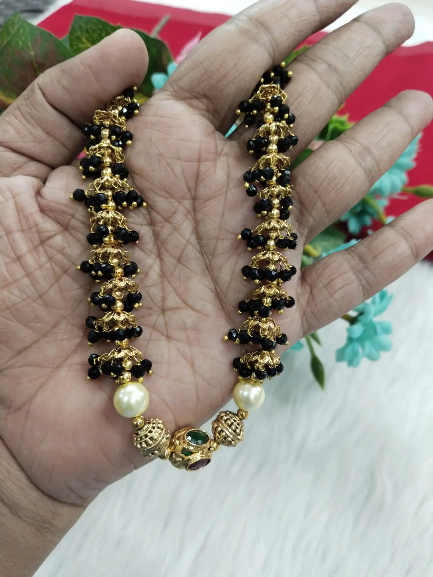 Traditional Black Bead Mangalsutra with Gold Finish and Pearl Accents – Indian Bridal Jewelry