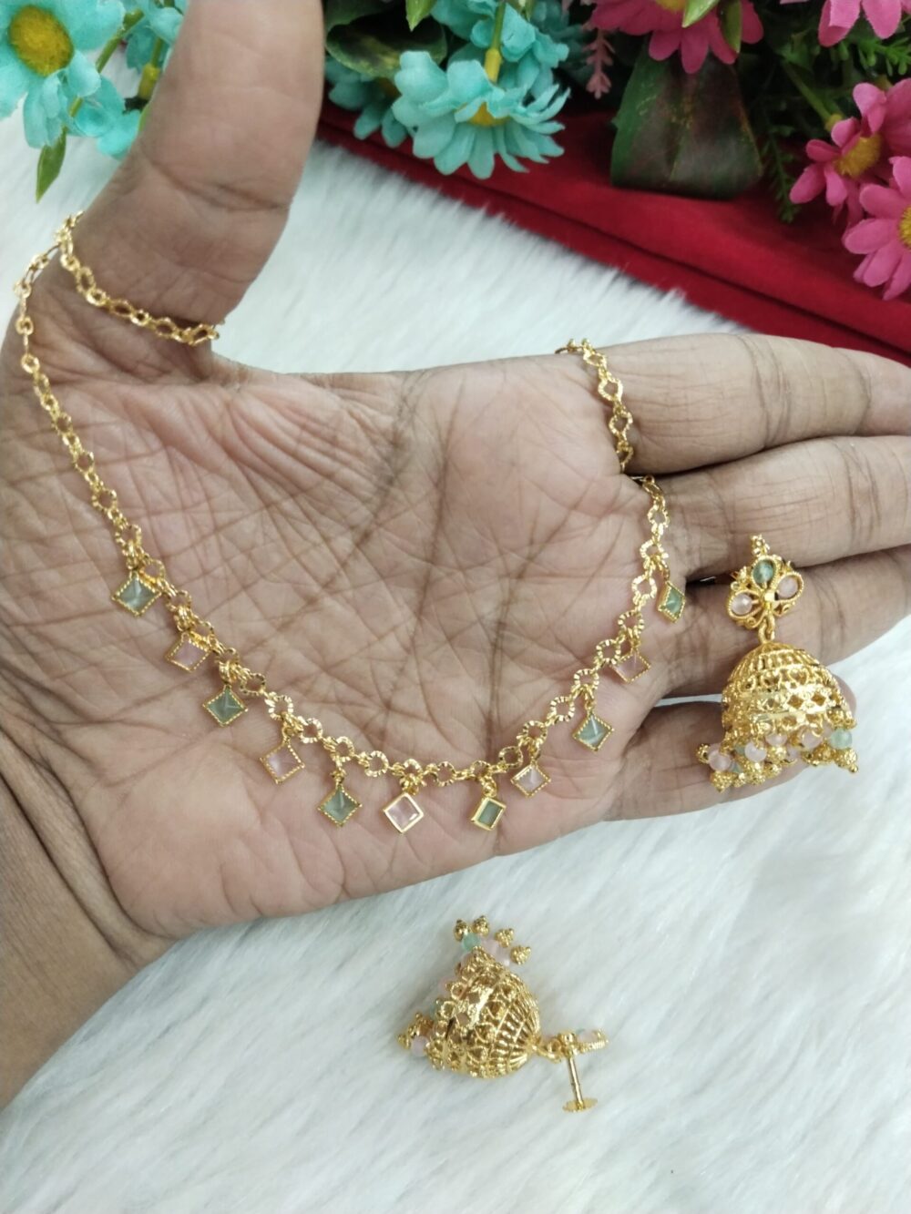 Gold-Plated Necklace with Square Green & White Stones and Jhumka Earrings - Image 3