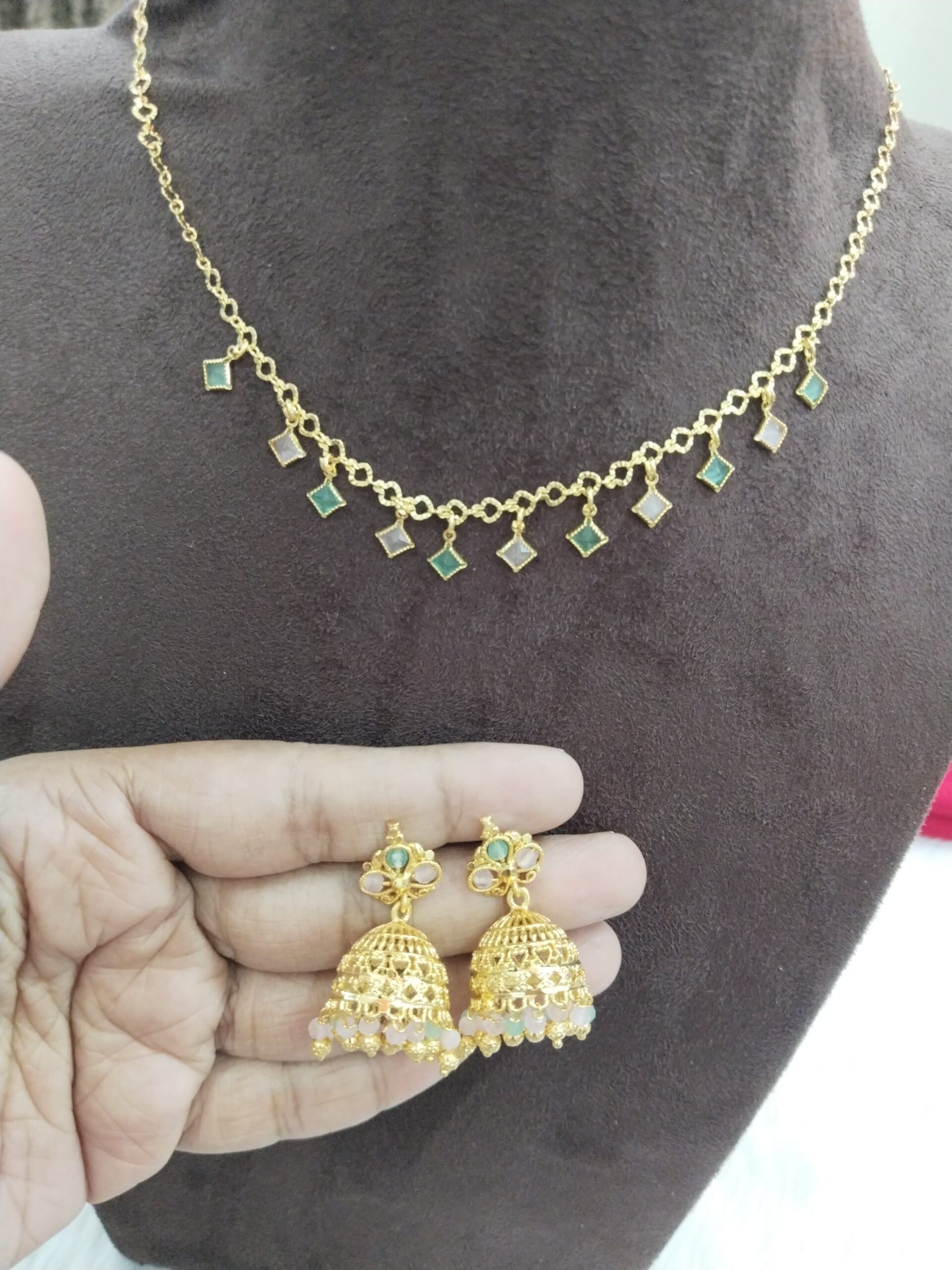 Gold-Plated Necklace with Square Green & White Stones and Jhumka Earrings