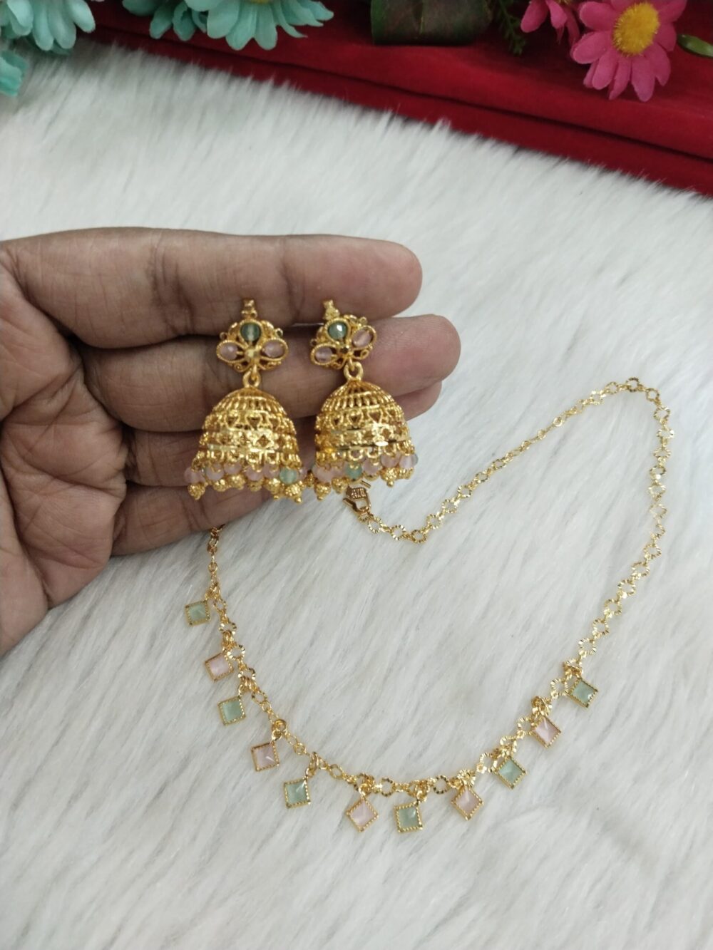 Gold-Plated Necklace with Square Green & White Stones and Jhumka Earrings - Image 2