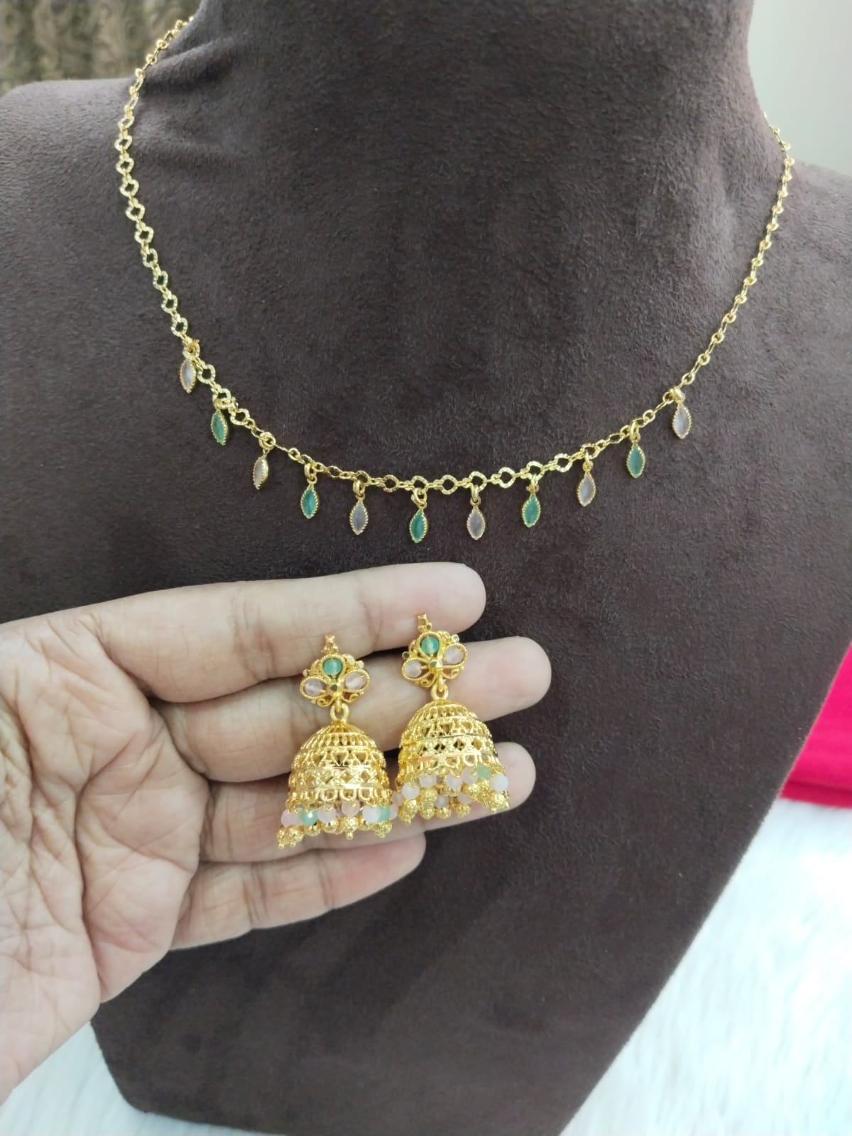 Gold-Plated Necklace with Leaf Drop Stones and Jhumka Earrings