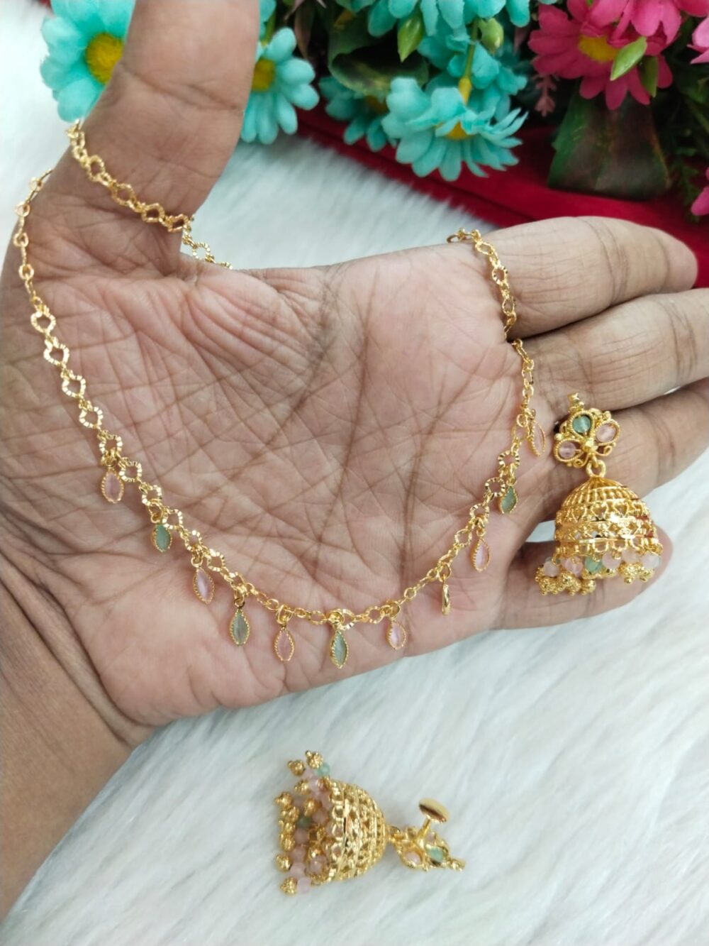Gold-Plated Necklace with Leaf Drop Stones and Jhumka Earrings - Image 3
