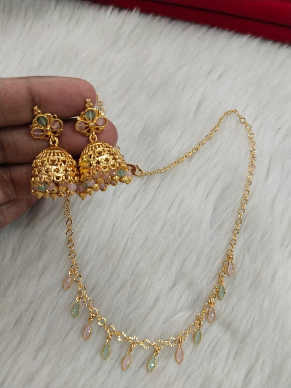 Gold-Plated Necklace with Leaf Drop Stones and Jhumka Earrings - Image 2