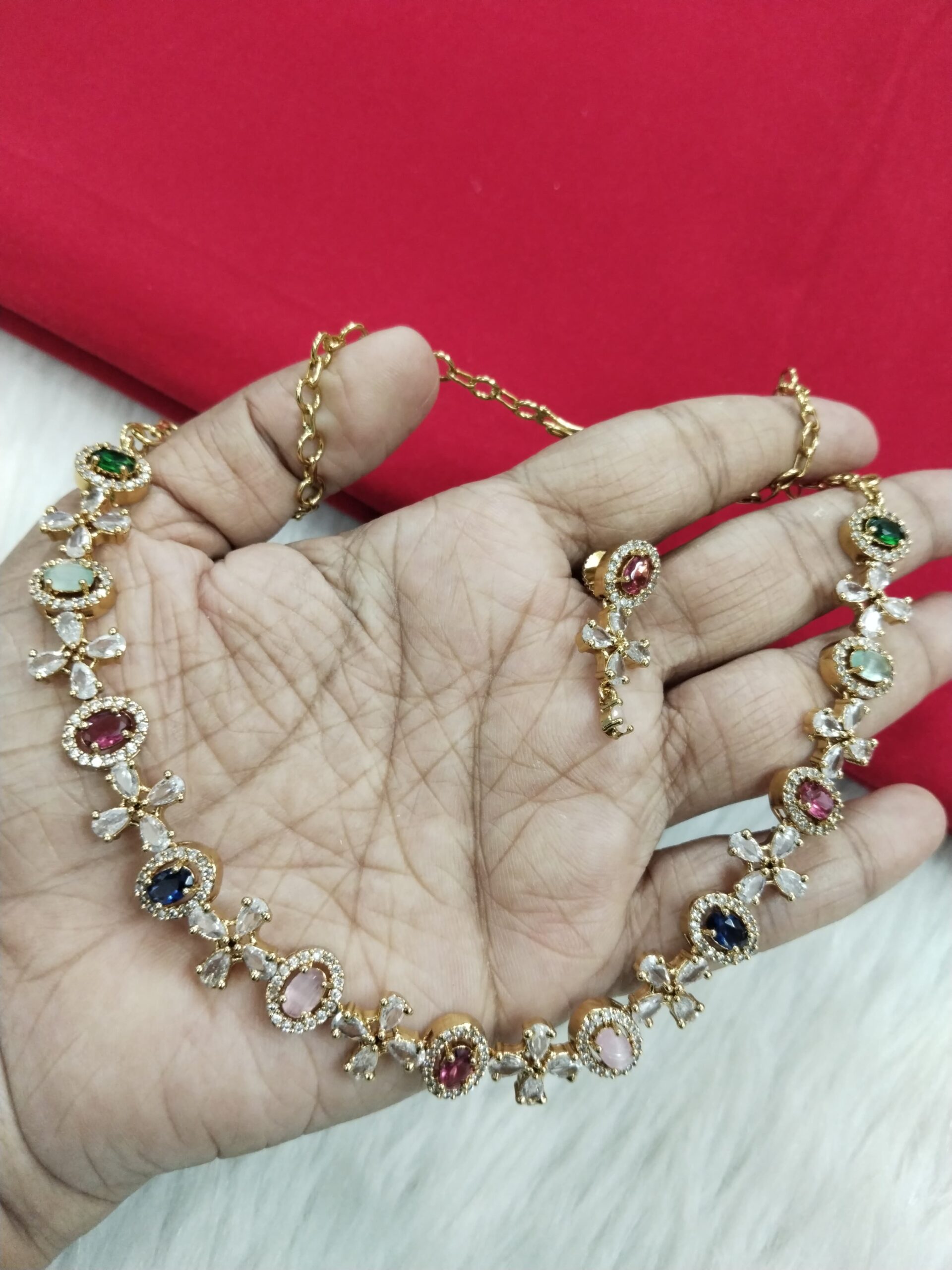 Multicolor Stone Gold-Plated Necklace with Matching Stud