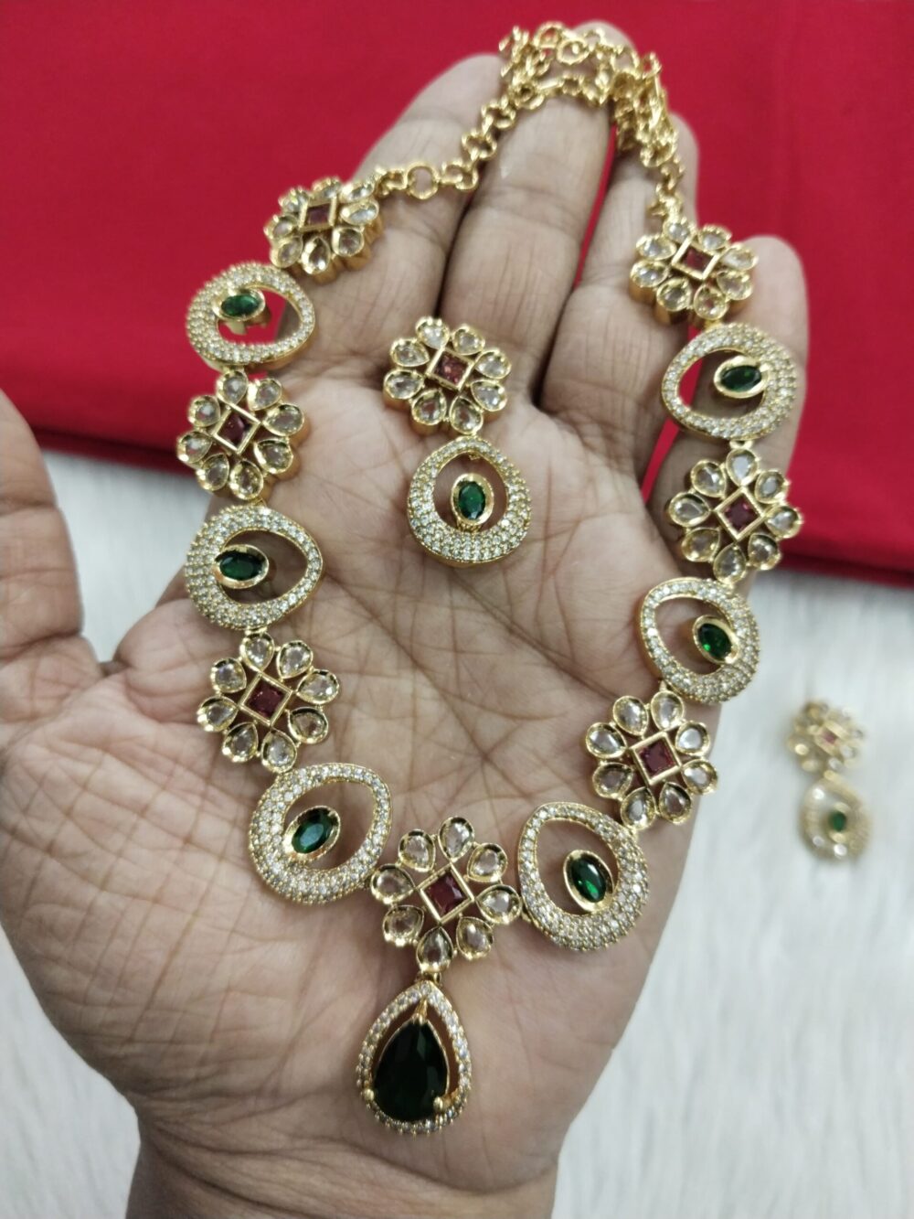 Gold-Plated Green & Ruby Stone Necklace Set with Matching Earrings - Image 2