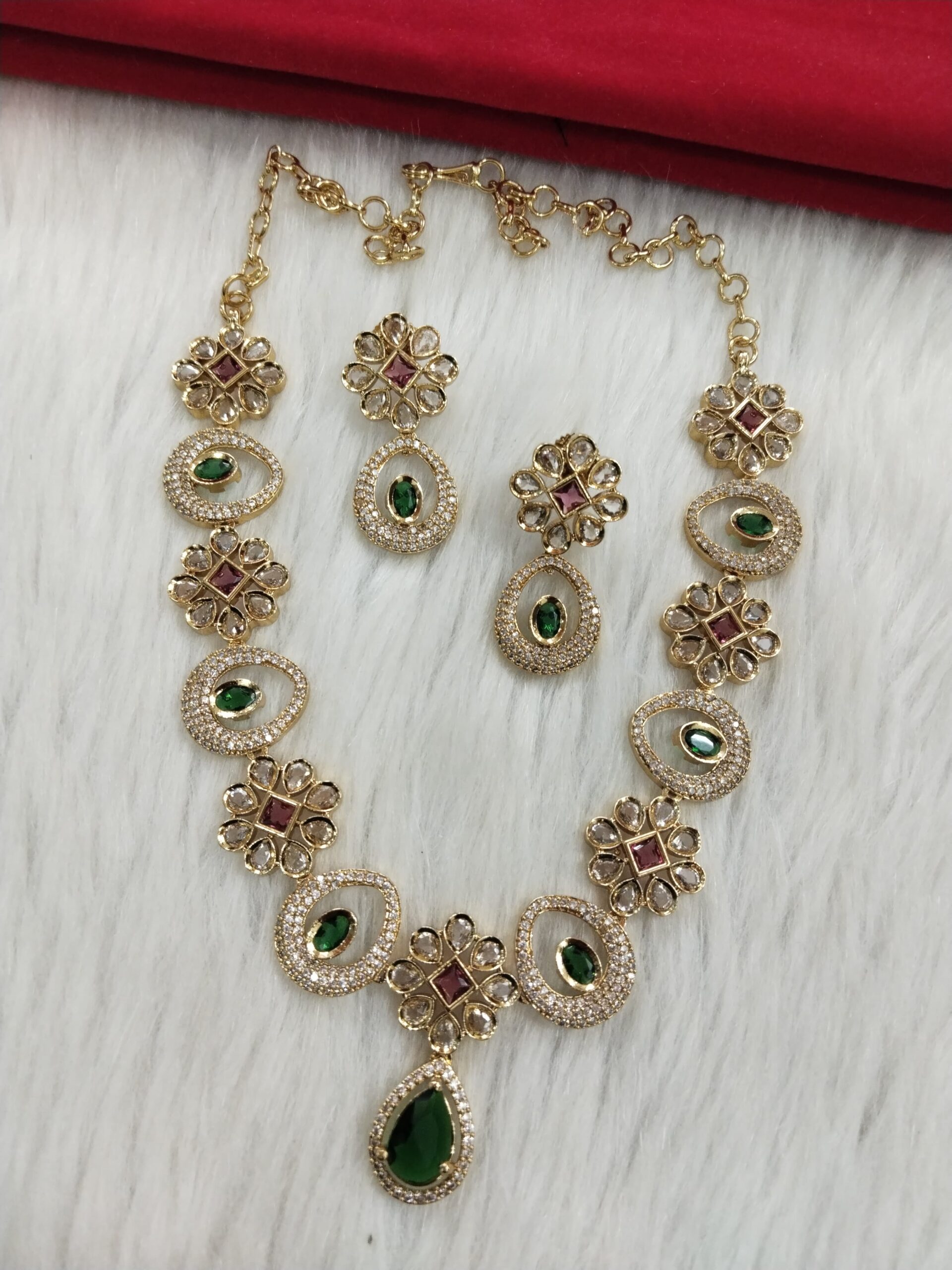 Gold-Plated Green & Ruby Stone Necklace Set with Matching Earrings