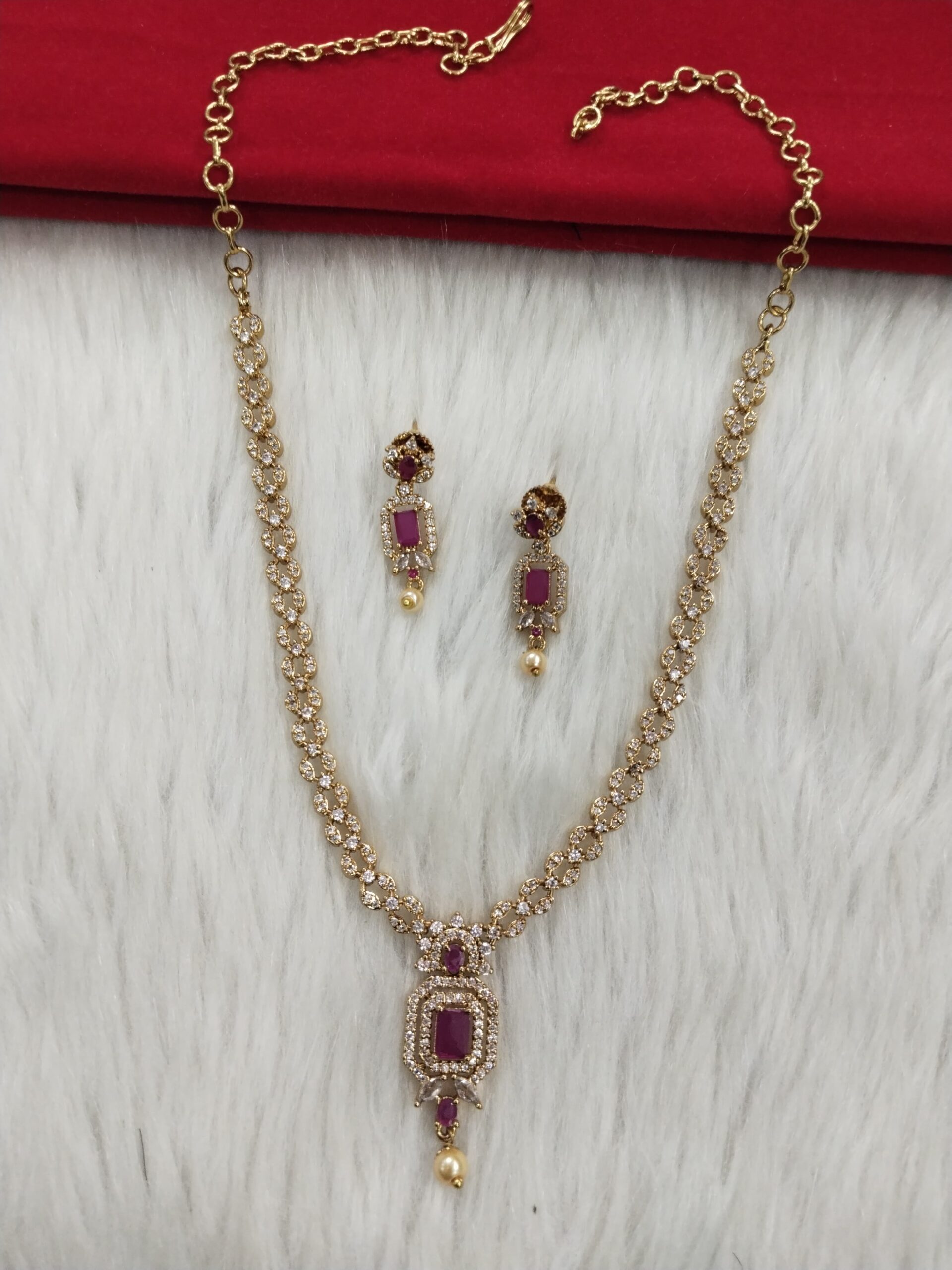 Gold-Plated Ruby Red Pendant Necklace Set with Pearl Drops