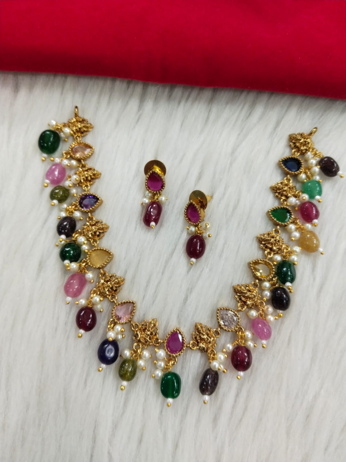 Traditional Multi-Stone Gold Plated Necklace and Earrings Set with Pearls