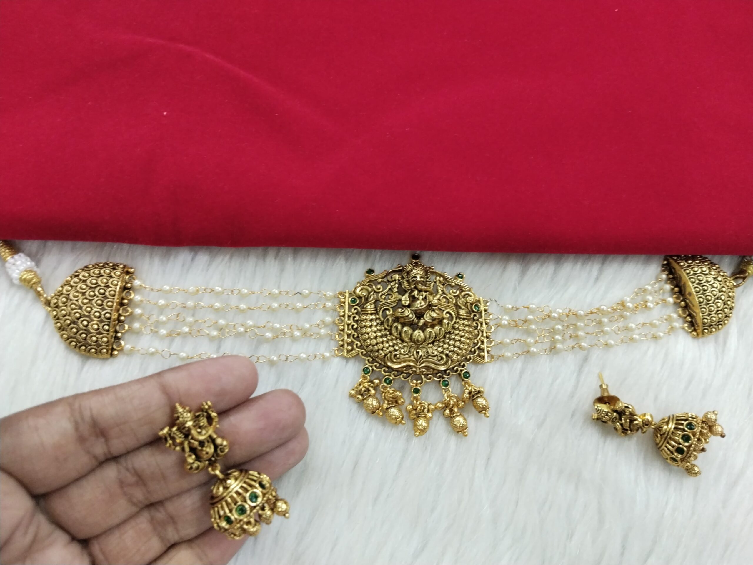 Antique Gold Plated Lakshmi Temple Choker Necklace with Jhumka Earrings