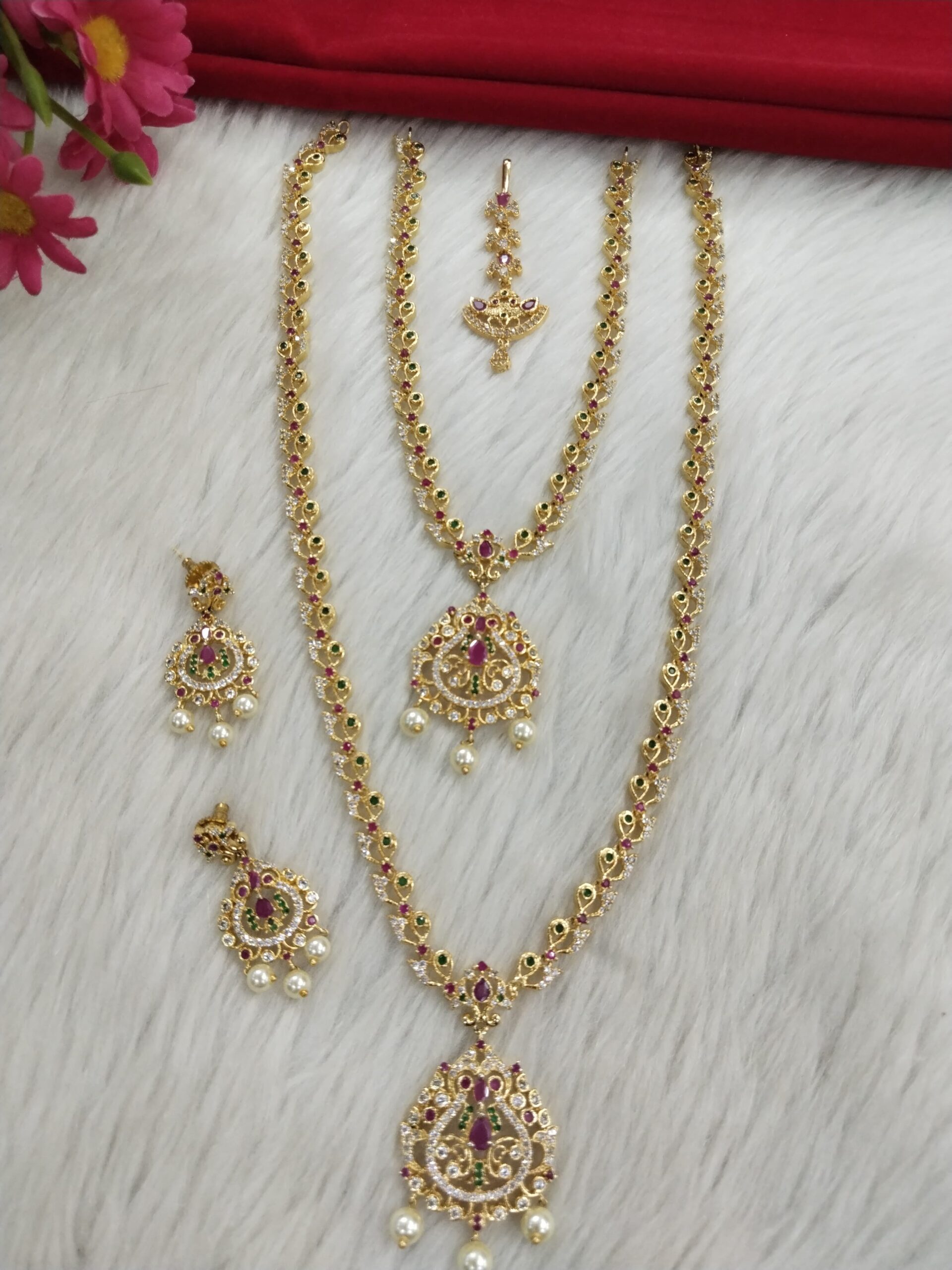 Traditional Gold-Plated Temple Jewelry Set with Ruby, Emerald & Pearl Accents