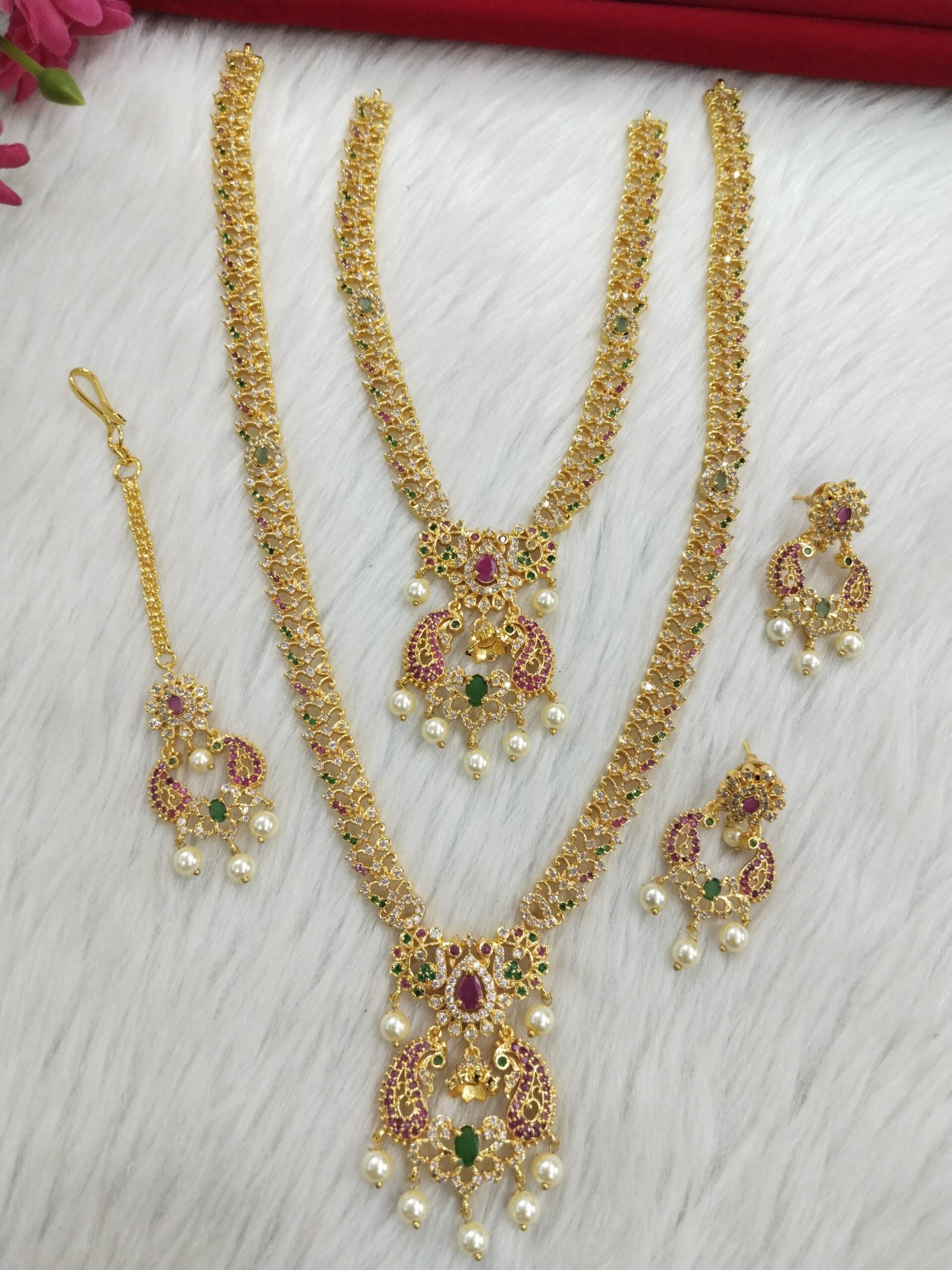 Traditional Gold-Plated Peacock Bridal Jewelry Set with Ruby, Emerald & Pearl Accents