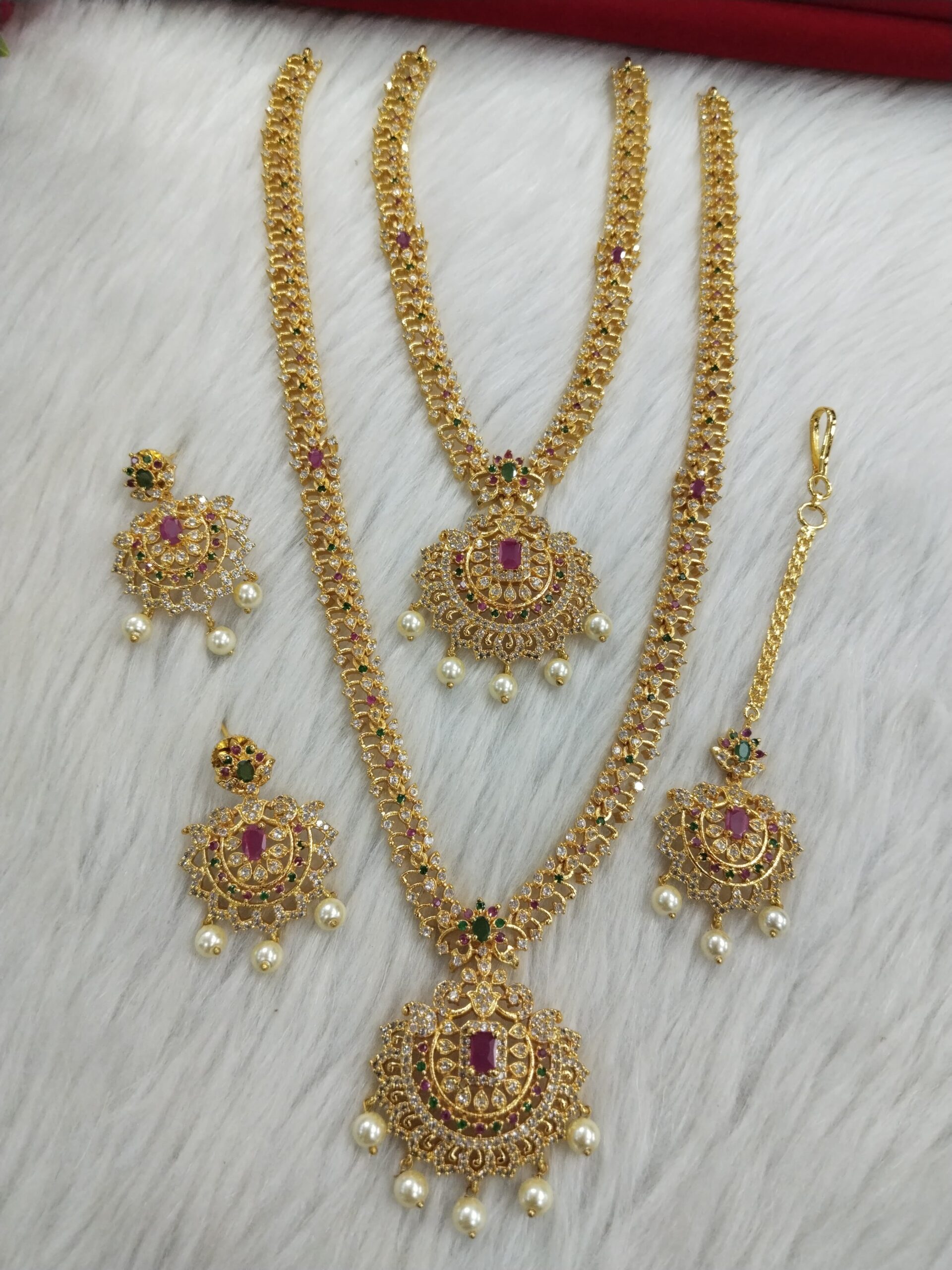 Gold-Plated Traditional Bridal Jewelry Set with Ruby, Green & Pearl Embellishments